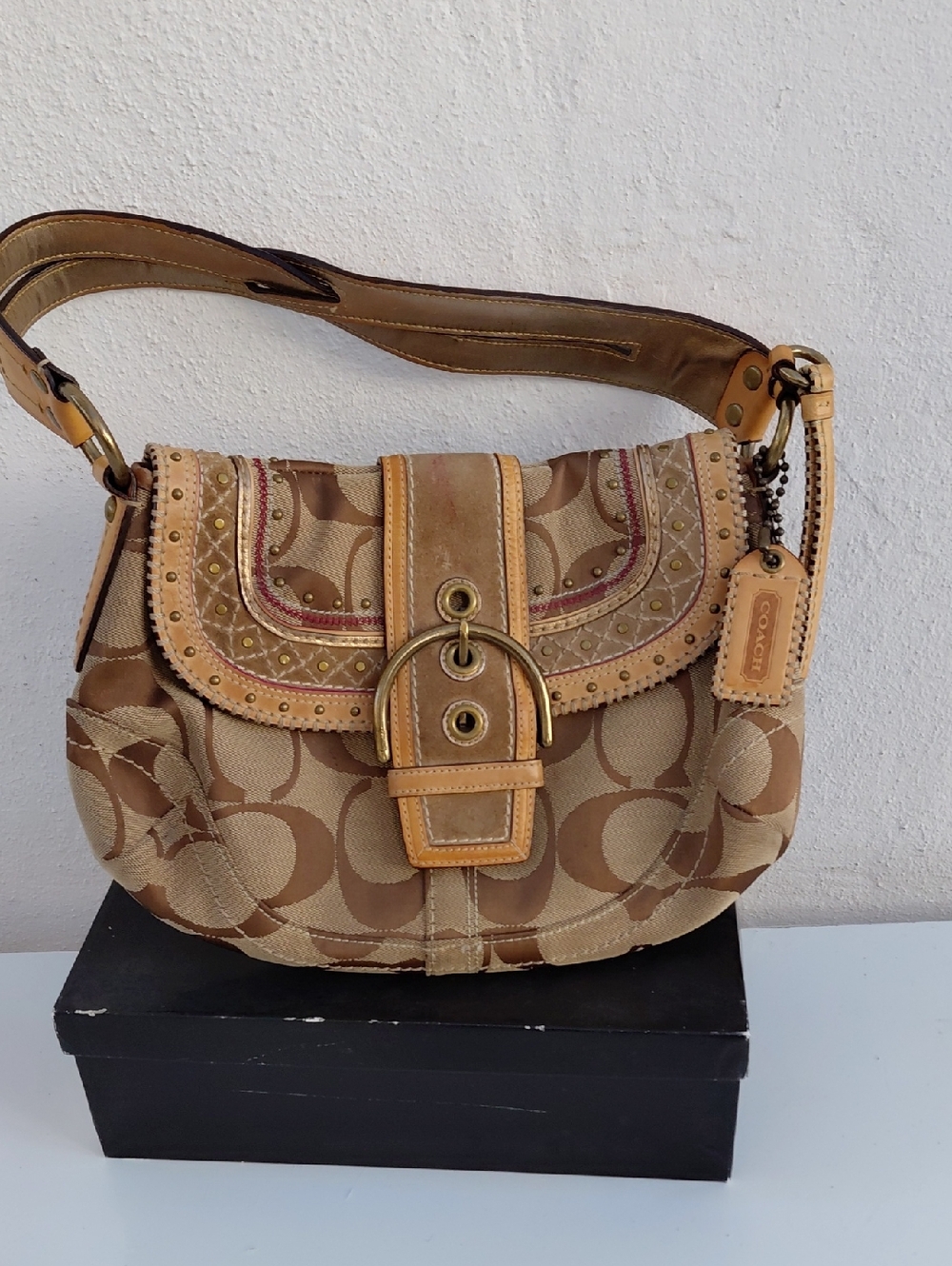Coach Beige Tan Signature Canvas Shoulder Bag with Buckle